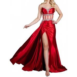 NEW CINDERELLA COUTURE long prom formal fitted slit evening dress in red